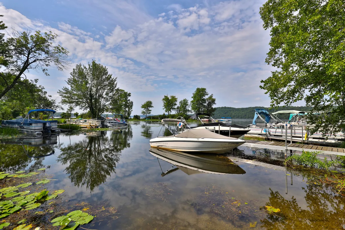A serene lakeside view with boats on the water, water lilies in the foreground, and reflections of trees and sky. The peaceful atmosphere suggests boating, fishing, and soaking in the lake’s natural beauty.